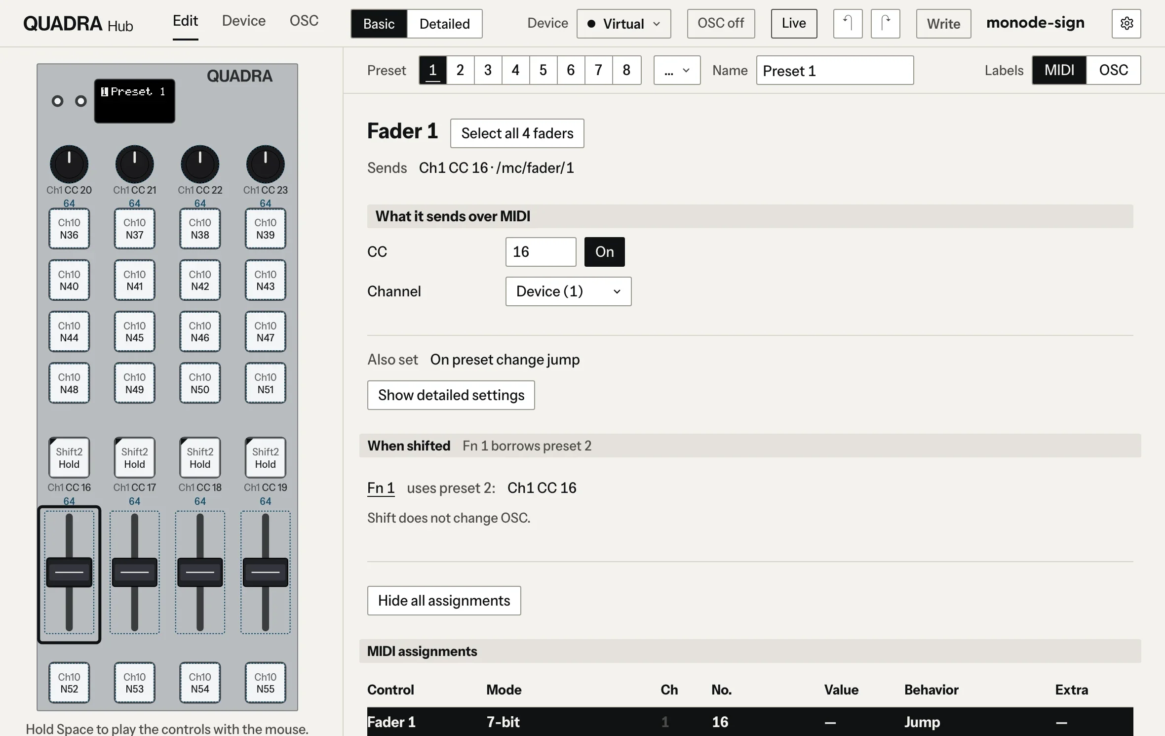 QUADRA Hub でフェーダー 1 を選んだ画面。送る CC の番号とチャンネルを設定する欄が表示されています