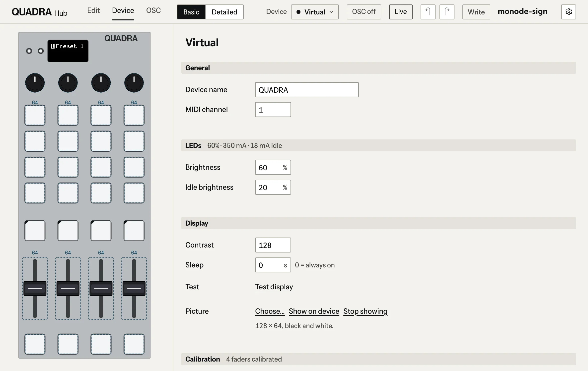 QUADRA Hub の本体設定の画面。機体名と MIDI チャンネル、LED の明るさ、液晶のコントラストとスリープ、画像の表示、フェーダーのキャリブレーションの欄が並びます
