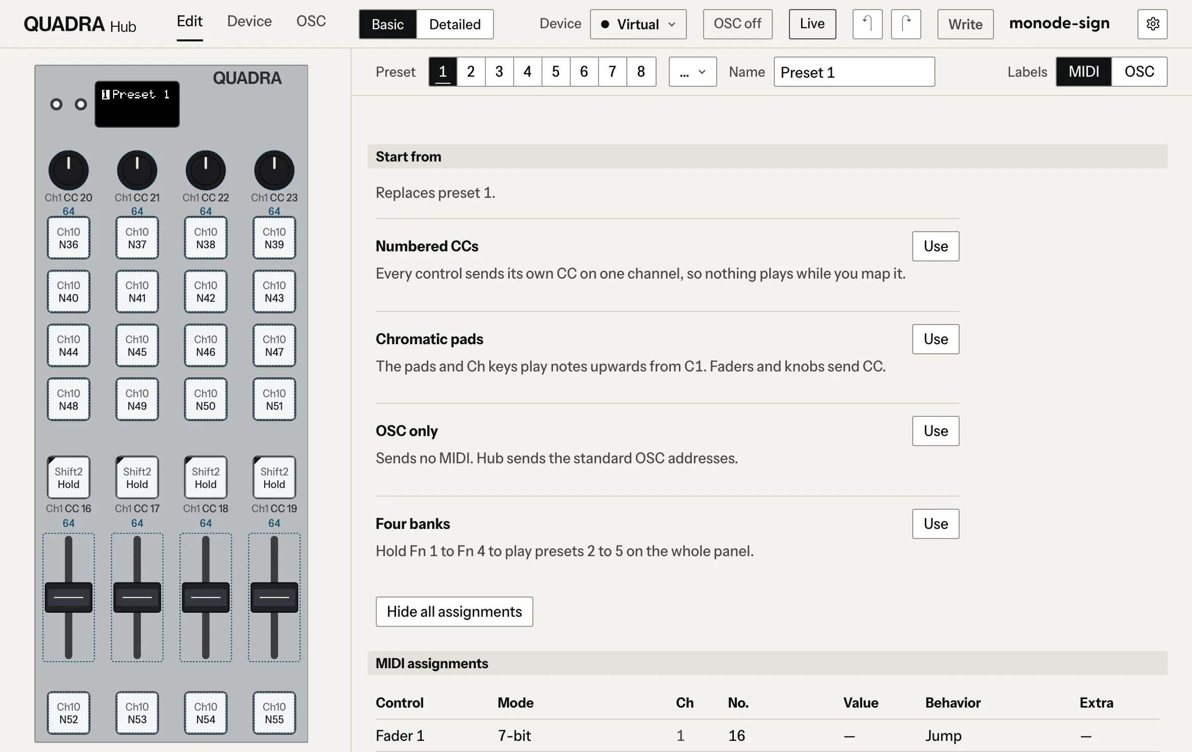 QUADRA Hub の編集画面。左に本体の図があり、各操作子に割り当てた MIDI が表示されています。右にはプリセットの番号と、割り当ての雛形の一覧が並びます