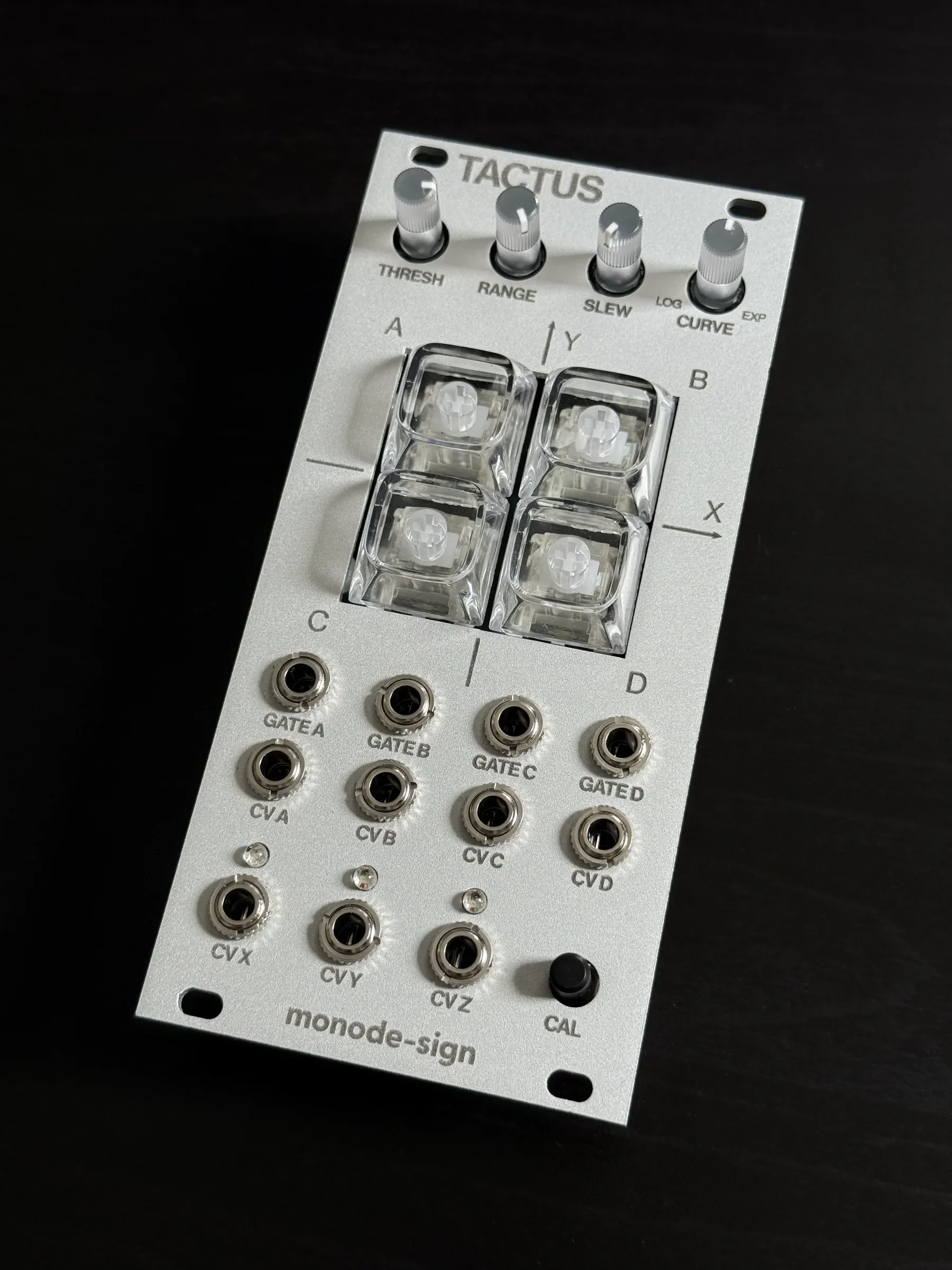 TACTUS — 12HP magnetic depth CV controller, angled view of the front panel